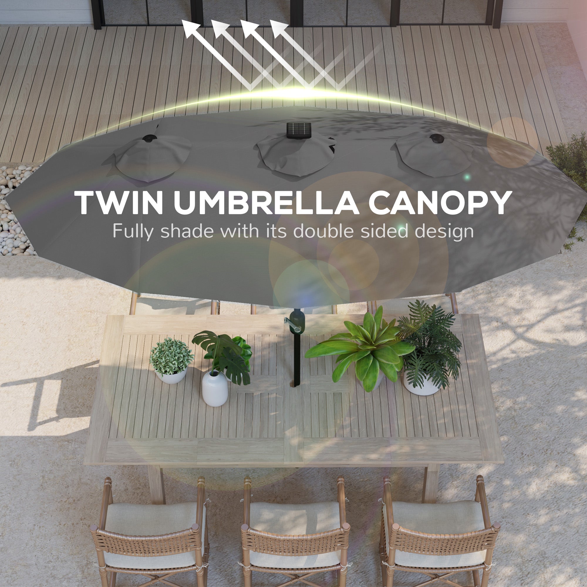 Double-sided Patio Umbrella, 9.7 Outdoor Umbrella With Tilt And Crank, LED Solar Light And 12 Ribs, Gray