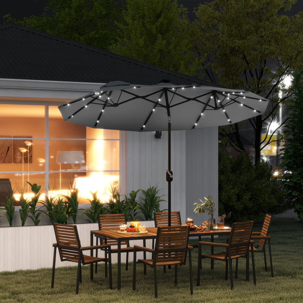 Double-sided Patio Umbrella, 9.7 Outdoor Umbrella With Tilt And Crank, LED Solar Light And 12 Ribs, Gray