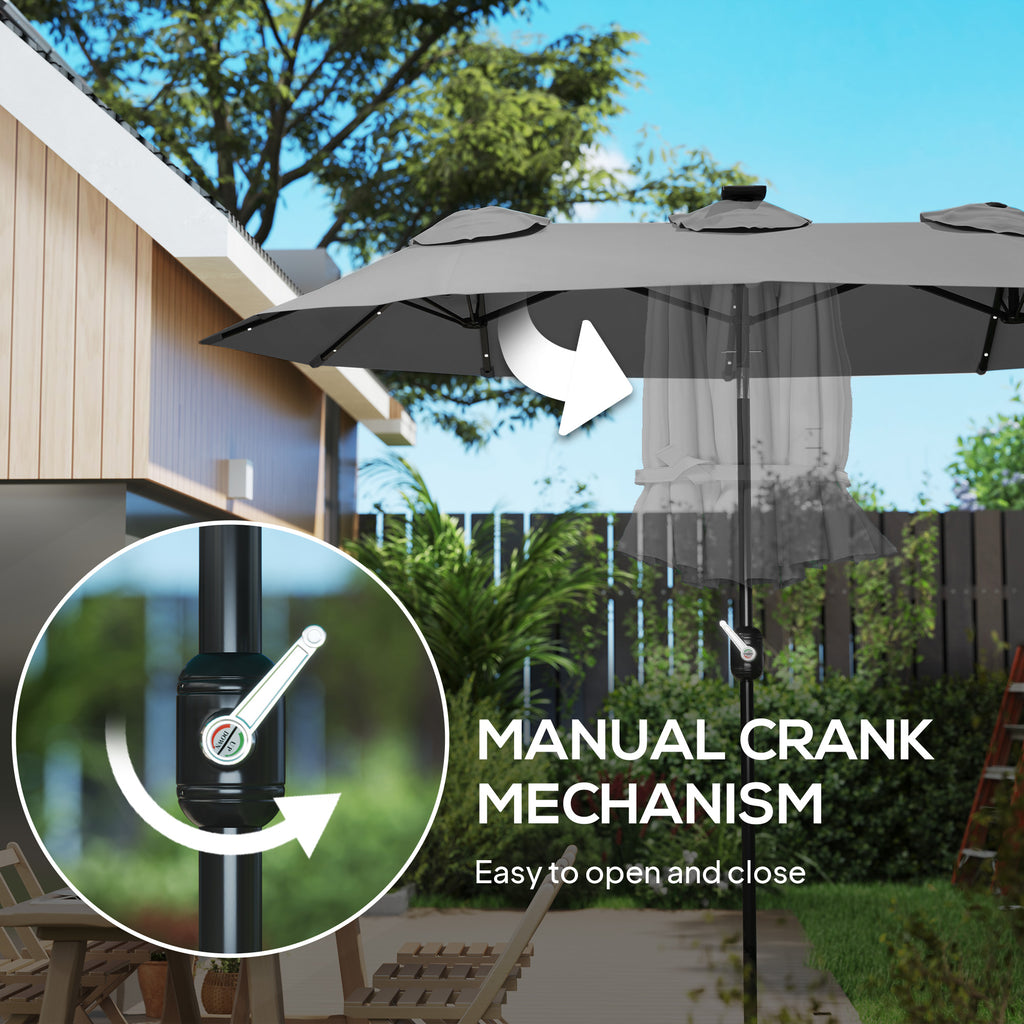 Double-sided Patio Umbrella, 9.7 Outdoor Umbrella With Tilt And Crank, LED Solar Light And 12 Ribs, Gray