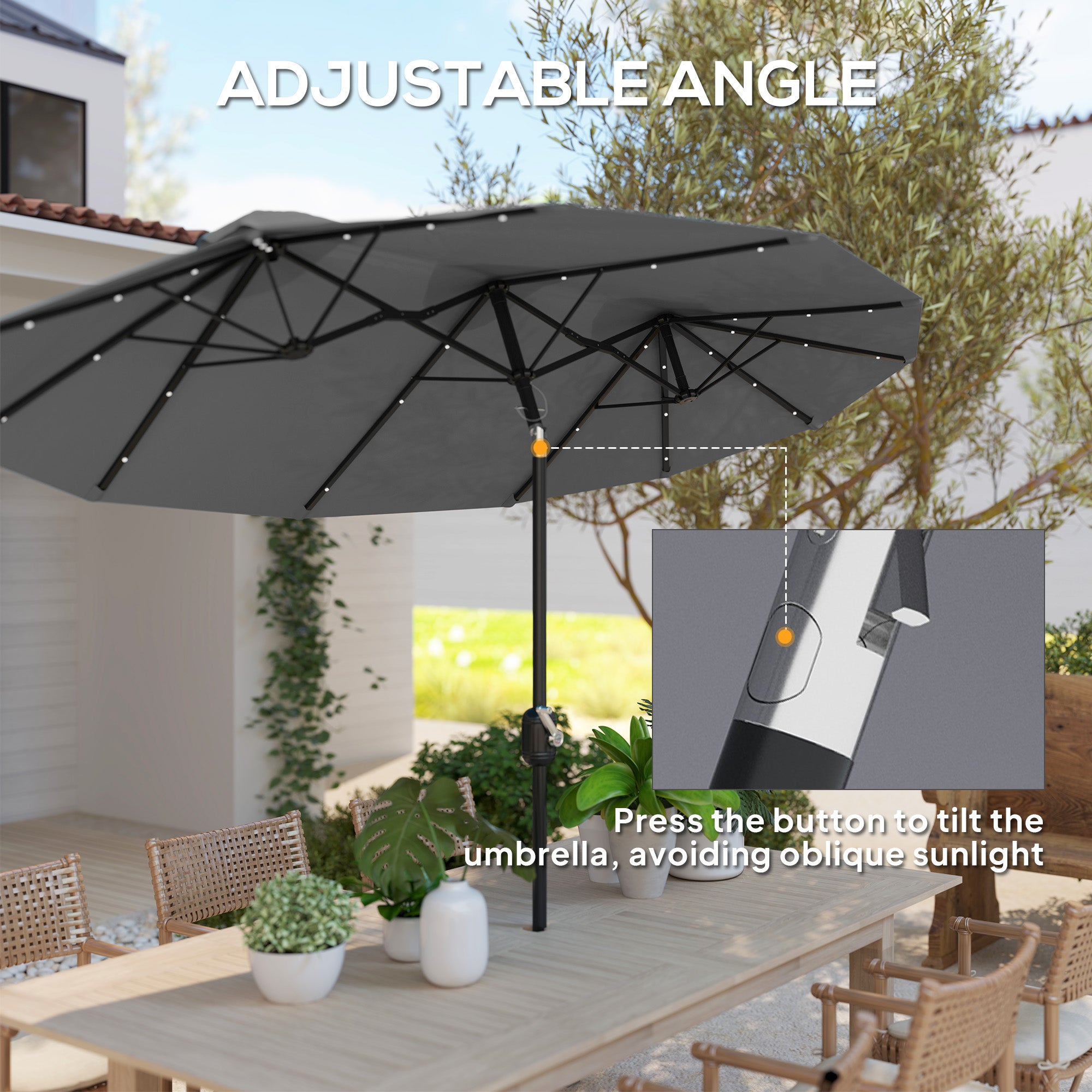 Double-sided Patio Umbrella, 9.7 Outdoor Umbrella With Tilt And Crank, LED Solar Light And 12 Ribs, Gray