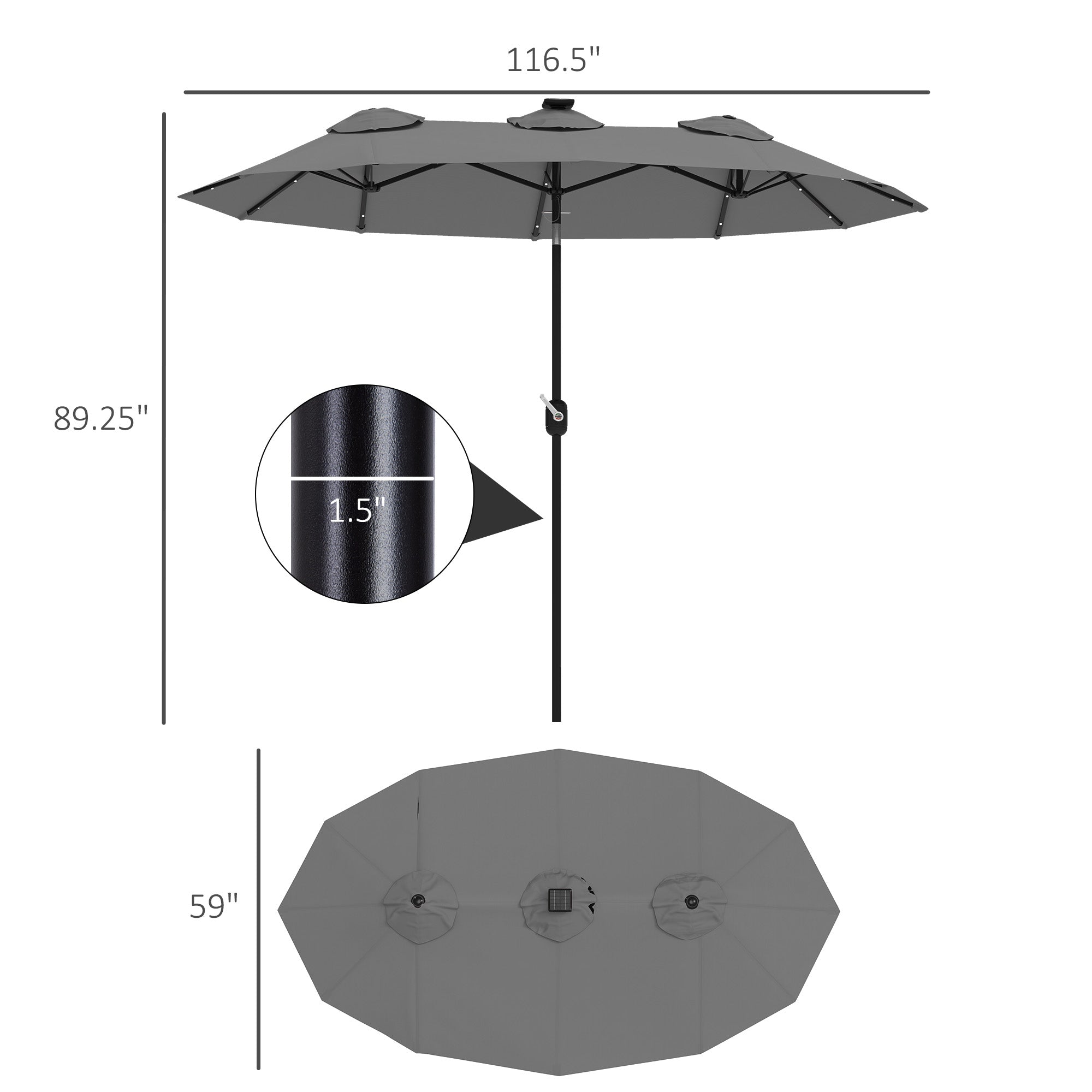 Double-sided Patio Umbrella, 9.7 Outdoor Umbrella With Tilt And Crank, LED Solar Light And 12 Ribs, Gray